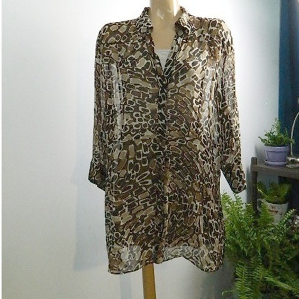 Chicos Silk Abstract Geometric Print Sheer Tunic Women XL Brown Button Up Belted
